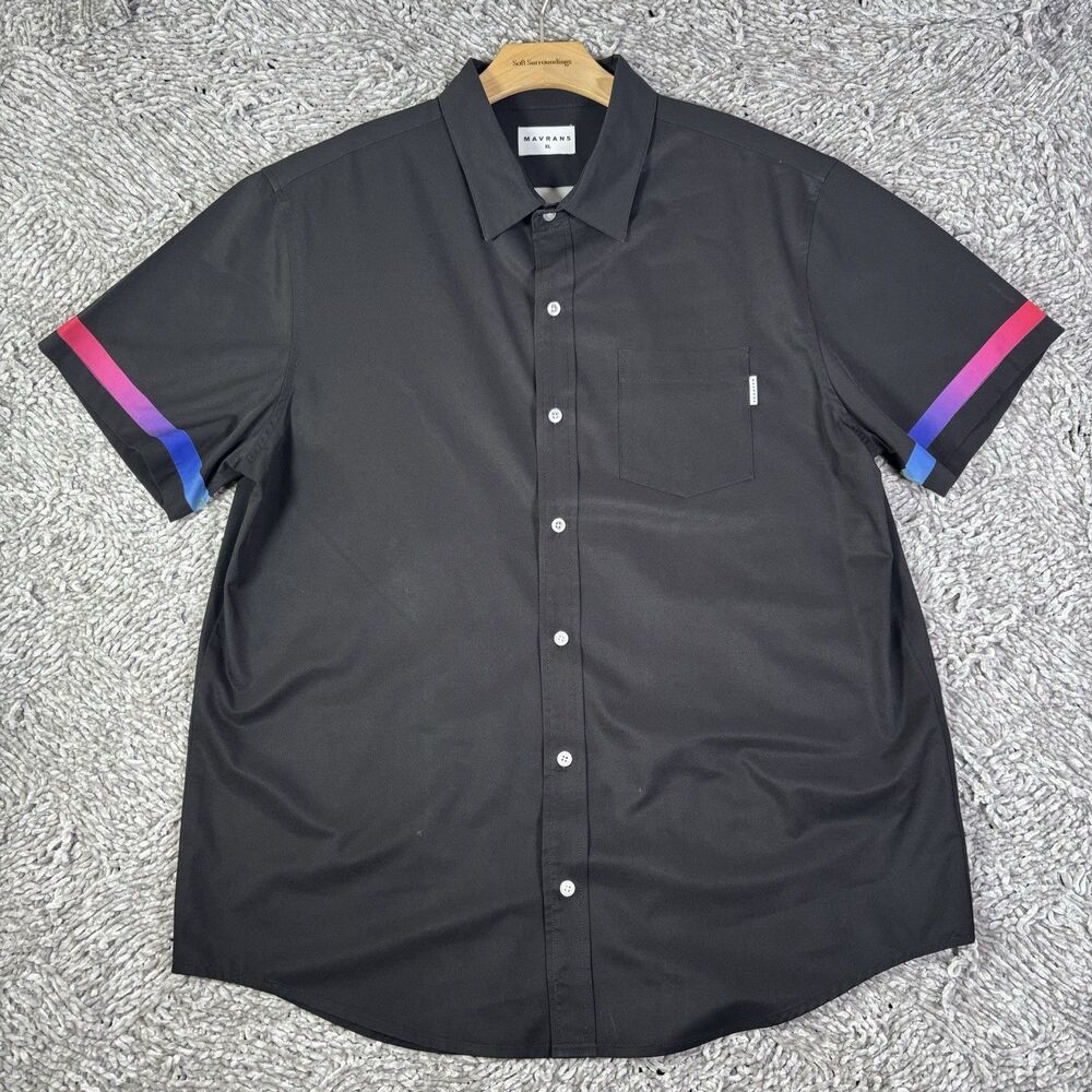 MAVRANS Button Shirt Mens XL Short Sleeve Black Stripes Stretch Coconut Husk